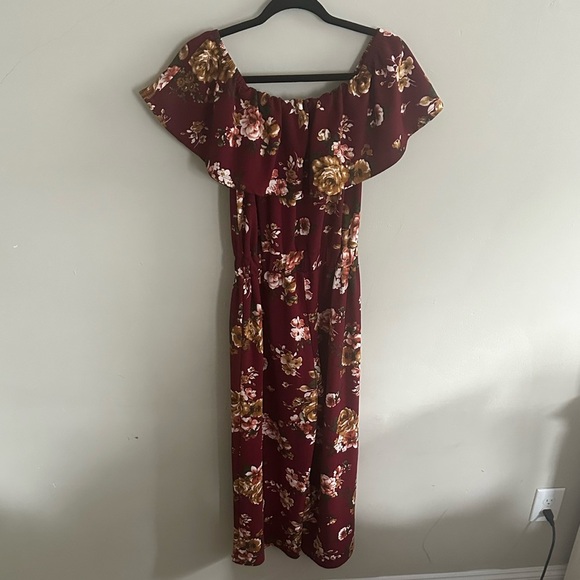 Altar’d State Burgundy/Maroon Floral Print On or Off the Shoulder Jumpsuit - Picture 6 of 15